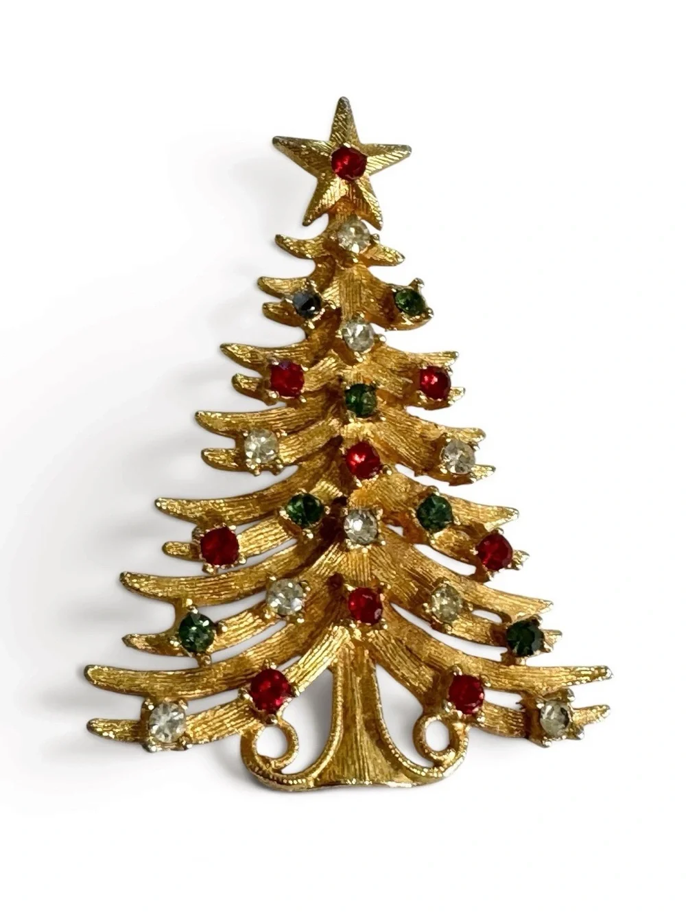 Vintage Mylu Christmas Tree Brooch: 1960s Rhinestone Holiday Pin